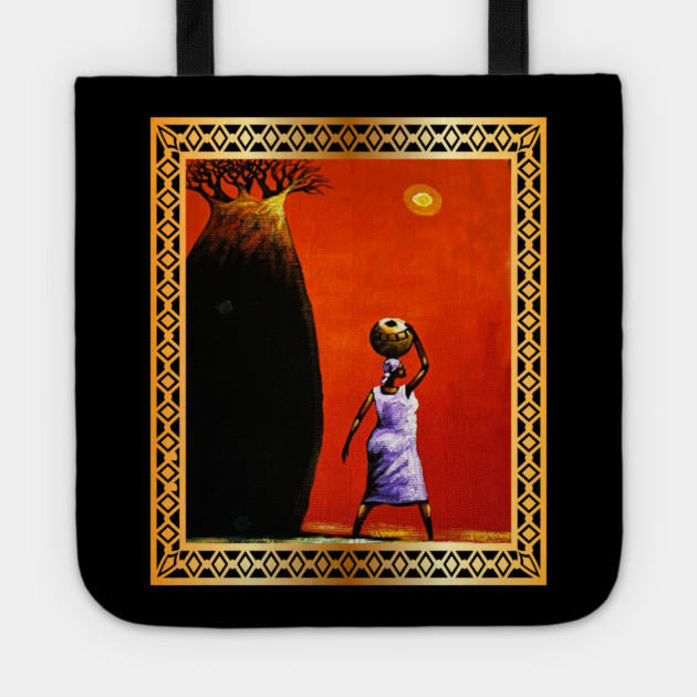 African Woman Artwork, African Tree Sunset Tote by logiamerch