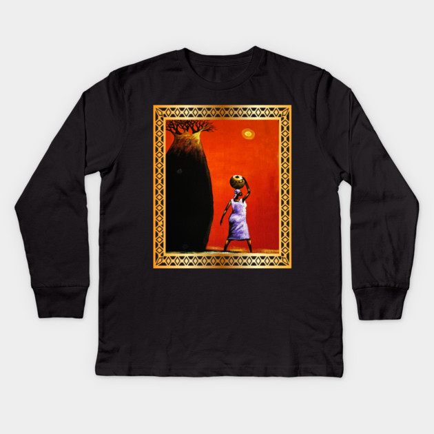 African Woman Artwork, African Tree Sunset Kids Long Sleeve T-Shirt by logiamerch