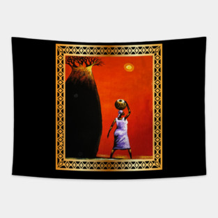 African Woman Artwork, African Tree Sunset Tapestry