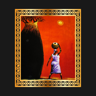 African Woman Artwork, African Tree Sunset T-Shirt