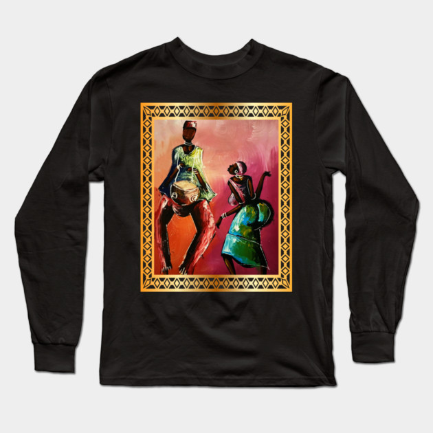 African Man and Woman Dancing, Playing Drums Long Sleeve T-Shirt by logiamerch
