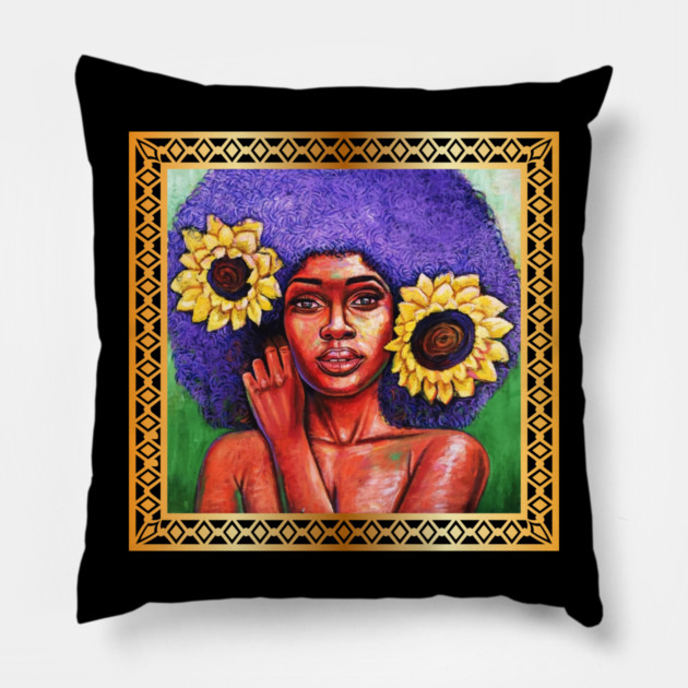 Beautiful African Woman with Sun Flowers Pillow by logiamerch