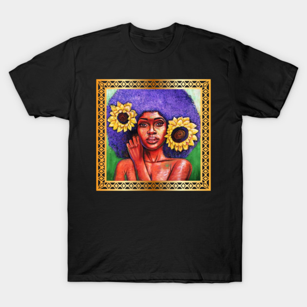 Beautiful African Woman with Sun Flowers T-Shirt by logiamerch