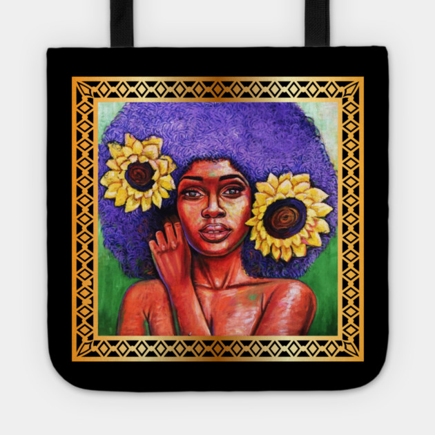 Beautiful African Woman with Sun Flowers Tote by logiamerch