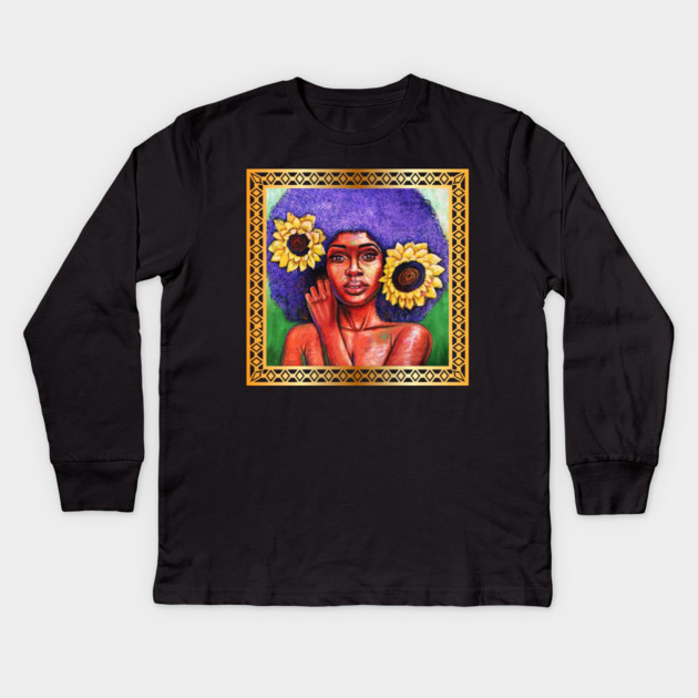 Beautiful African Woman with Sun Flowers Kids Long Sleeve T-Shirt by logiamerch