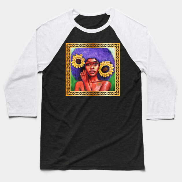 Beautiful African Woman with Sun Flowers Baseball T-Shirt by logiamerch