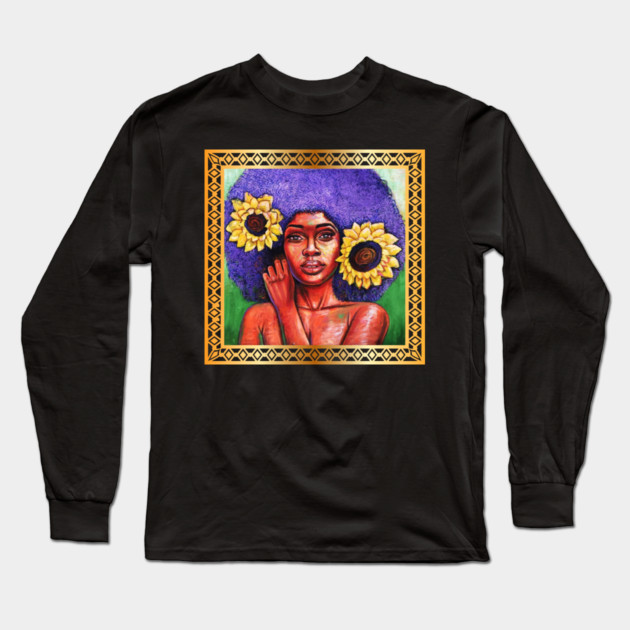 Beautiful African Woman with Sun Flowers Long Sleeve T-Shirt by logiamerch