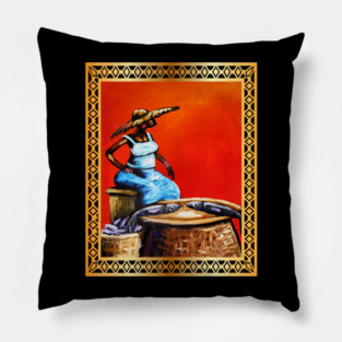 African Woman Selling Fish, African Artwork Pillow