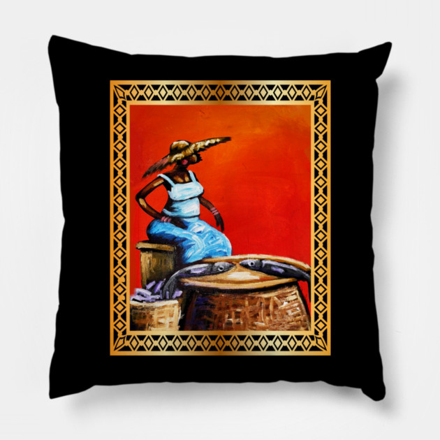 African Woman Selling Fish, African Artwork Pillow by logiamerch