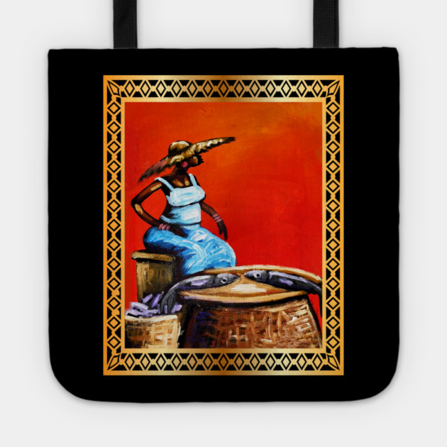 African Woman Selling Fish, African Artwork Tote by logiamerch