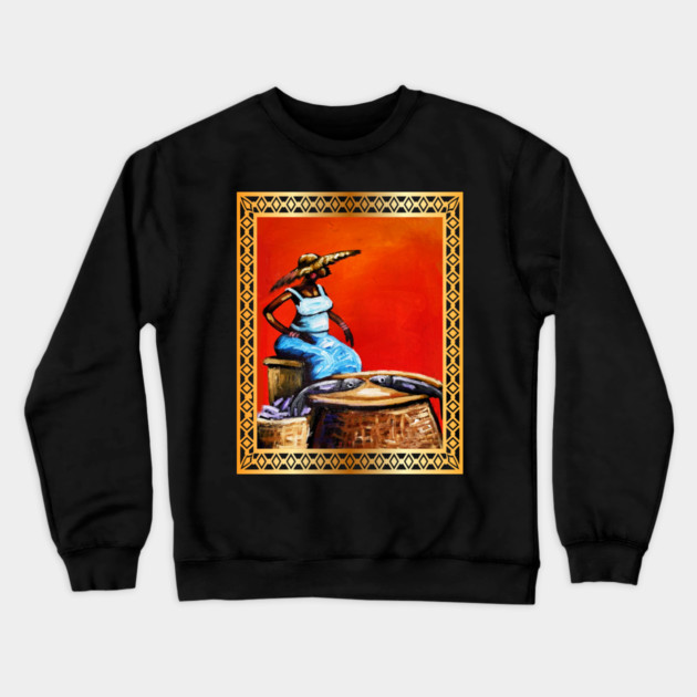 African Woman Selling Fish, African Artwork Crewneck Sweatshirt by logiamerch