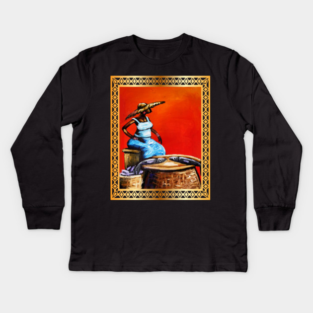 African Woman Selling Fish, African Artwork Kids Long Sleeve T-Shirt by logiamerch