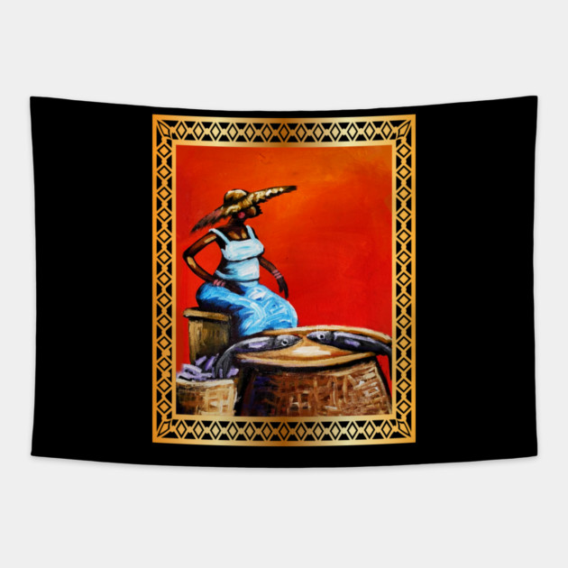 African Woman Selling Fish, African Artwork Tapestry by logiamerch