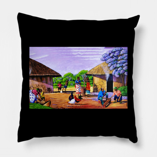 African Village Artwork, African People, Black History Pillow by logiamerch