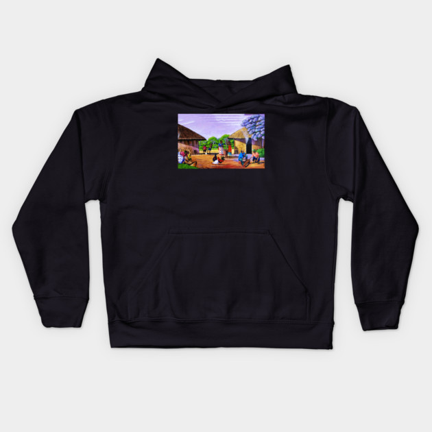African Village Artwork, African People, Black History Kids Hoodie by logiamerch
