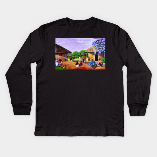 African Village Artwork, African People, Black History Kids Long Sleeve T-Shirt by logiamerch