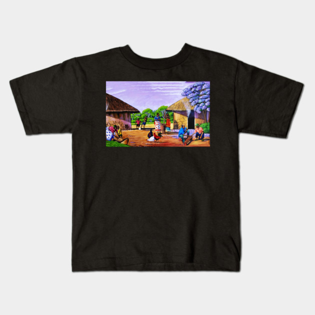 African Village Artwork, African People, Black History Kids T-Shirt by logiamerch