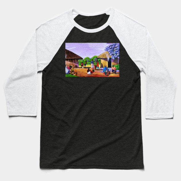 African Village Artwork, African People, Black History Baseball T-Shirt by logiamerch