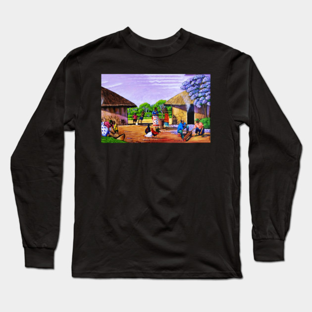 African Village Artwork, African People, Black History Long Sleeve T-Shirt by logiamerch