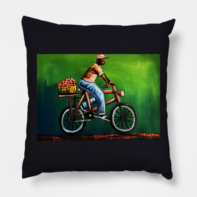 African Man riding Bicycle, African Artwork Pillow by logiamerch