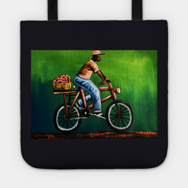 African Man riding Bicycle, African Artwork Tote by logiamerch