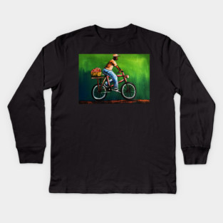 African Man riding Bicycle, African Artwork Kids Long Sleeve T-Shirt