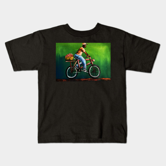 African Man riding Bicycle, African Artwork Kids T-Shirt by logiamerch