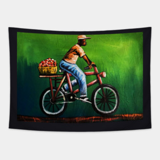 African Man riding Bicycle, African Artwork Tapestry