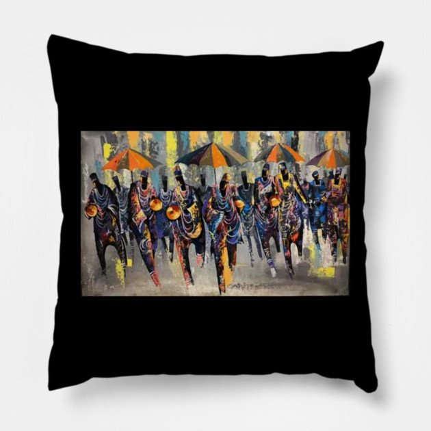 African Artwork, African People, Music and Dancing Pillow by logiamerch