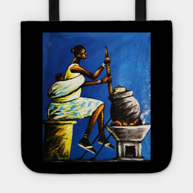 African Woman Preparing Food, Black History Artwork Tote by logiamerch