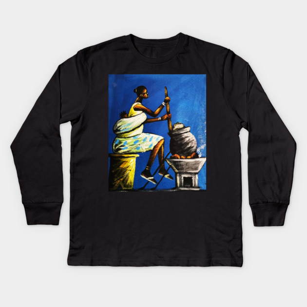 African Woman Preparing Food, Black History Artwork Kids Long Sleeve T-Shirt by logiamerch