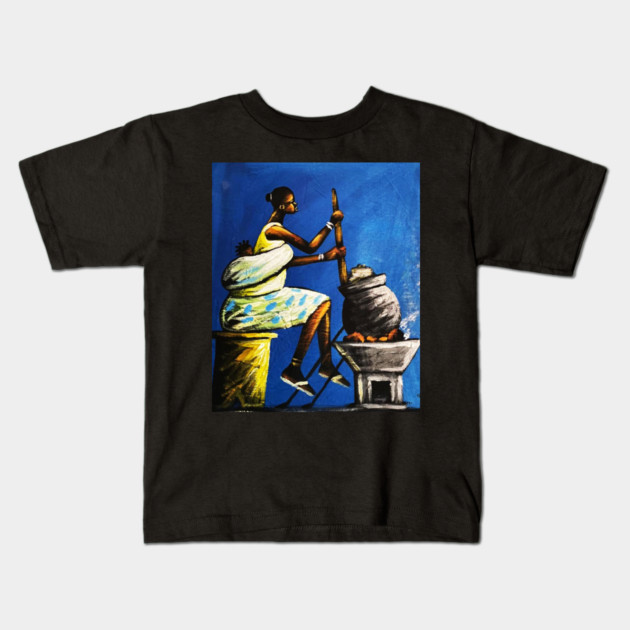 African Woman Preparing Food, Black History Artwork Kids T-Shirt by logiamerch