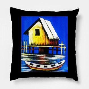 African Artwork, House with Boat, Vacation Pillow