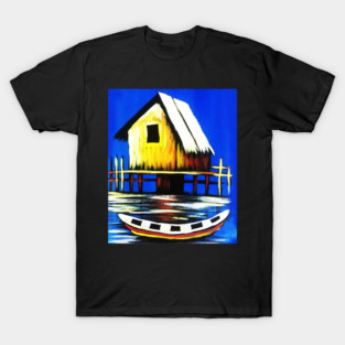 African Artwork, House with Boat, Vacation T-Shirt