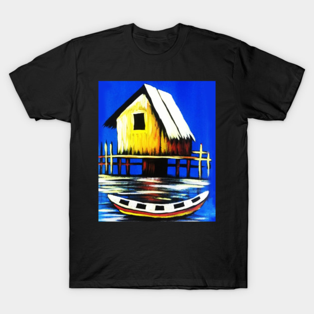 African Artwork, House with Boat, Vacation T-Shirt by logiamerch