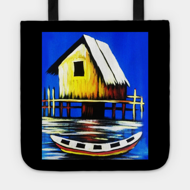 African Artwork, House with Boat, Vacation Tote by logiamerch