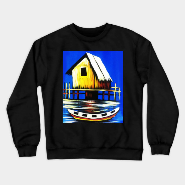 African Artwork, House with Boat, Vacation Crewneck Sweatshirt by logiamerch