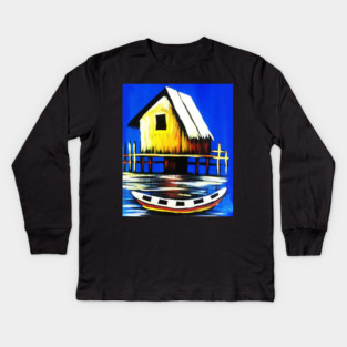 African Artwork, House with Boat, Vacation Kids Long Sleeve T-Shirt
