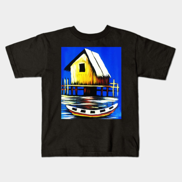 African Artwork, House with Boat, Vacation Kids T-Shirt by logiamerch