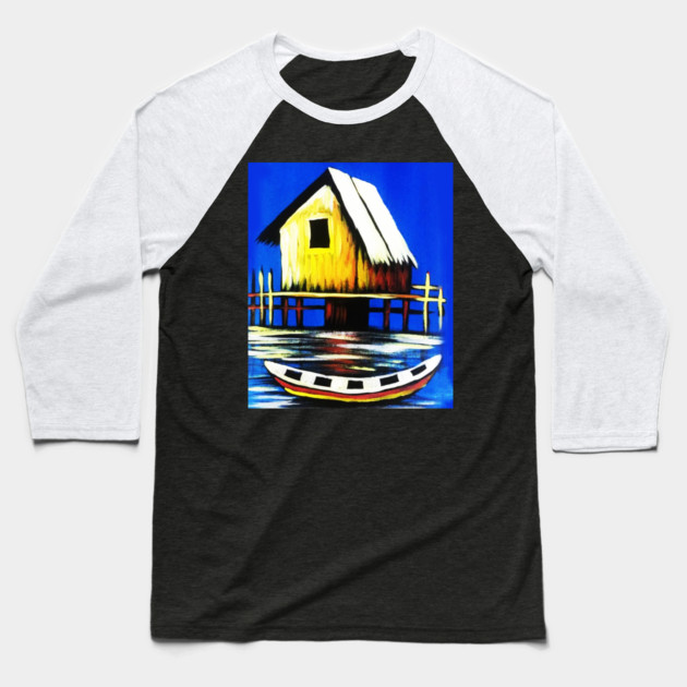 African Artwork, House with Boat, Vacation Baseball T-Shirt by logiamerch