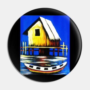 African Artwork, House with Boat, Vacation Pin