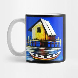 African Artwork, House with Boat, Vacation Mug