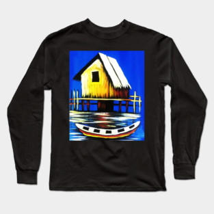 African Artwork, House with Boat, Vacation Long Sleeve T-Shirt