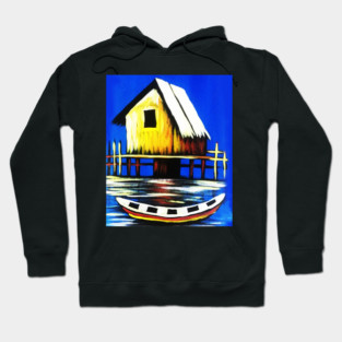 African Artwork, House with Boat, Vacation Hoodie