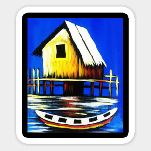 African Artwork, House with Boat, Vacation Magnet