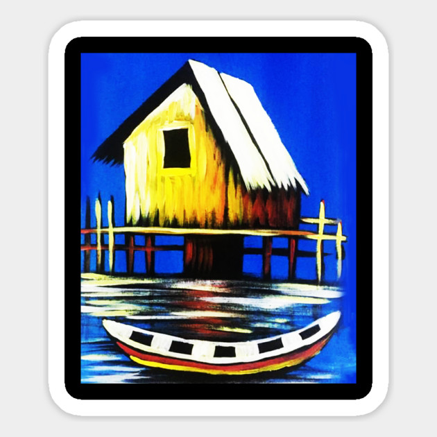 African Artwork, House with Boat, Vacation Magnet by logiamerch