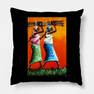 African Women Carrying Wood with Children, Black History Art Pillow