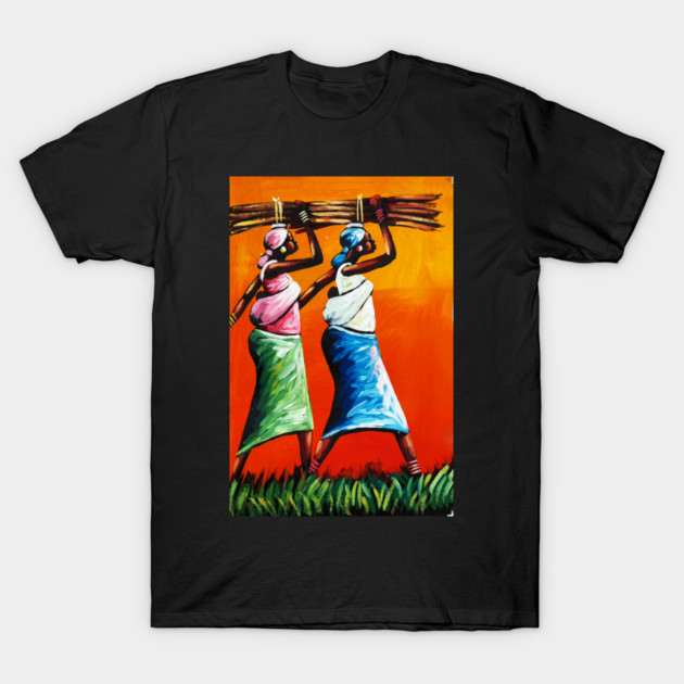 African Women Carrying Wood with Children, Black History Art T-Shirt by logiamerch