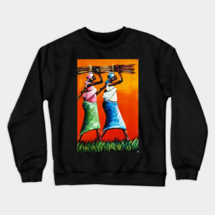African Women Carrying Wood with Children, Black History Art Crewneck Sweatshirt