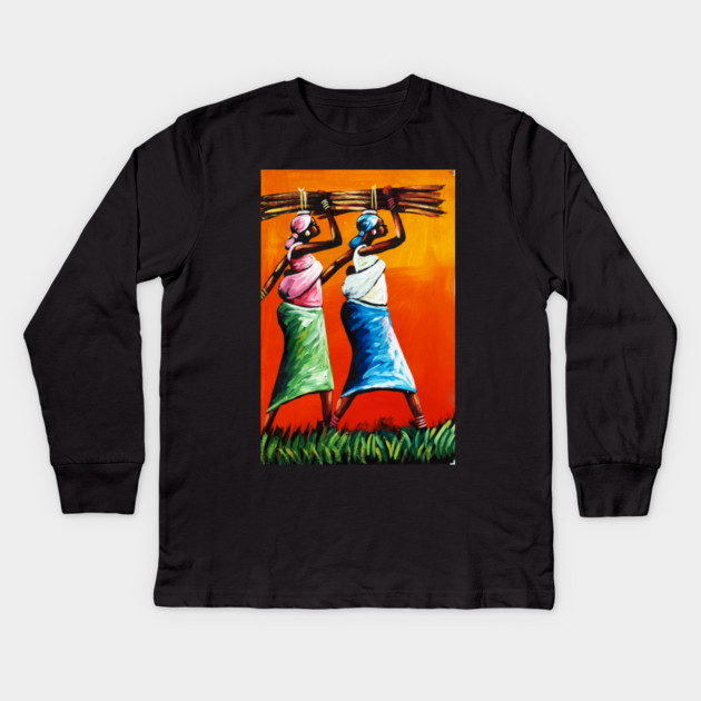 African Women Carrying Wood with Children, Black History Art Kids Long Sleeve T-Shirt by logiamerch